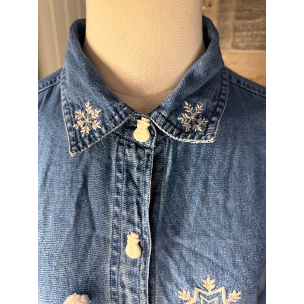 Vintage Snowman Embroidered Denim Button Down Shirt Christmas Holiday Blue - Picture 4 of 12
